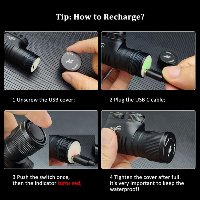 charging battery AULITE diving headlamp USB C rechargeable IP68 waterproof underwater torch