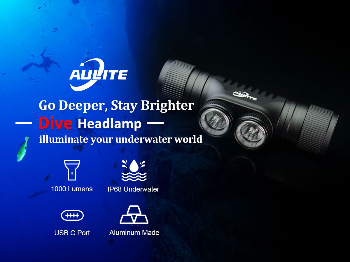 AULITE diving headlamp USB C rechargeable IP68 waterproof underwater fishing rainy torch