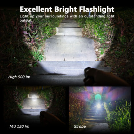 Bright flashlight illuminating a set of stairs in a dark outdoor setting with different modes