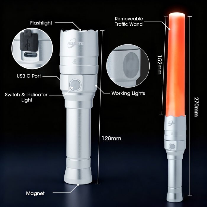 the overview and dimensions of AULITE traffic flashlight 009E