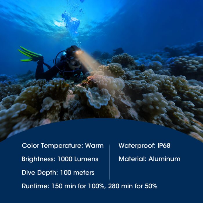 Scuba diver with a AULITE headlamp on a coral reef, underwater scene.